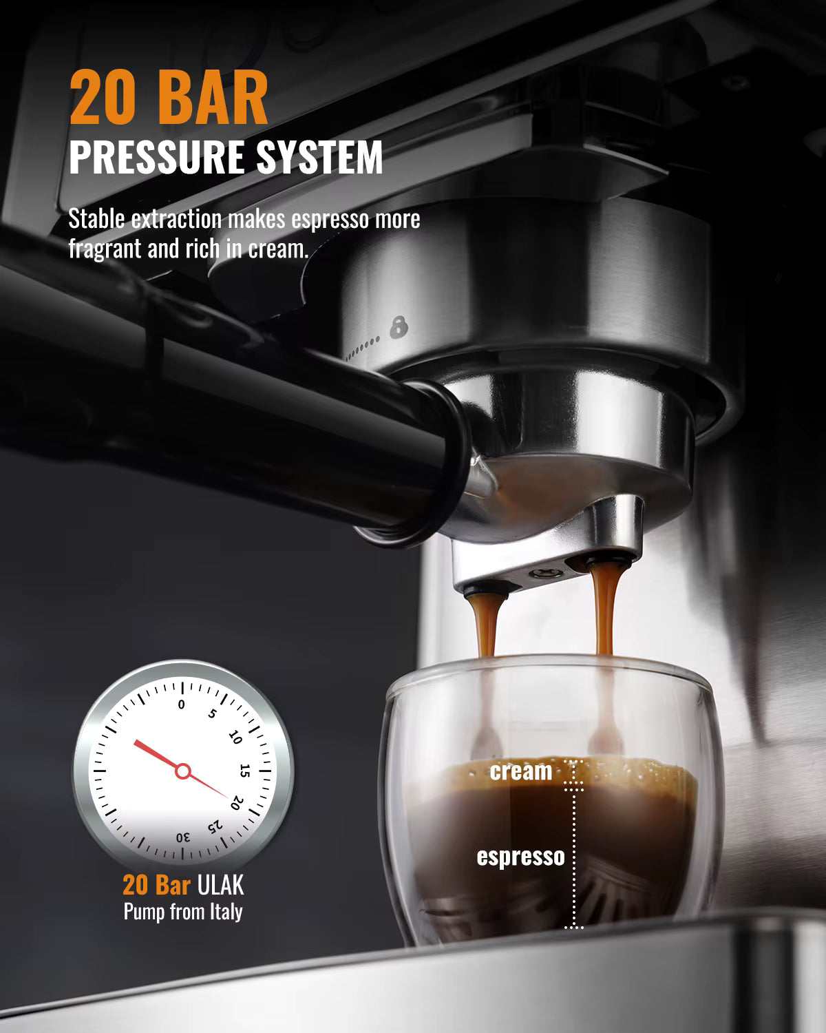 Machine à café expresso 20 bars automatique avec buse vapeur – Inox – Réservoir 1,8 L – Cappuccino & Latte – 1350 W