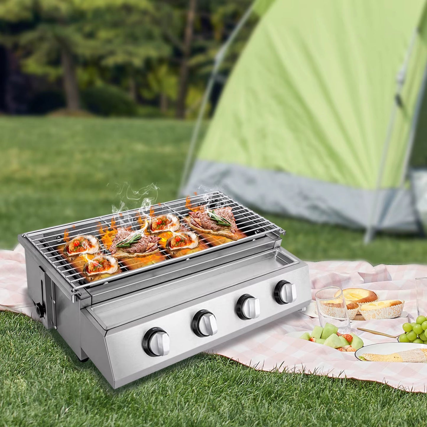 Gril de barbecue à gaz sans fumée en acier inoxydable – 4 brûleurs GPL, portable, hauteur réglable, extérieur