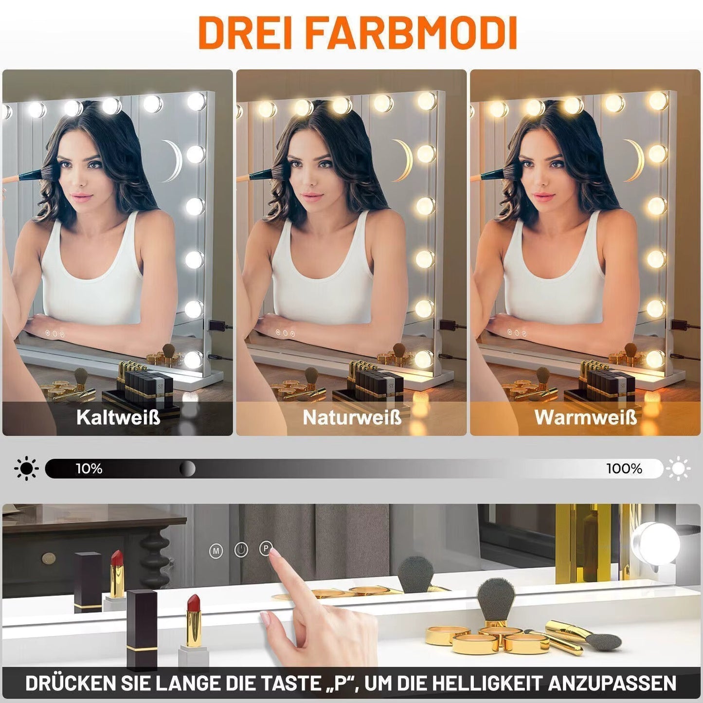 Miroir de Maquillage Hollywood avec Bluetooth, 15 Ampoules LED Gradables, 3 Modes de Couleur & Miroir Grossissant 10X - 50x45cm