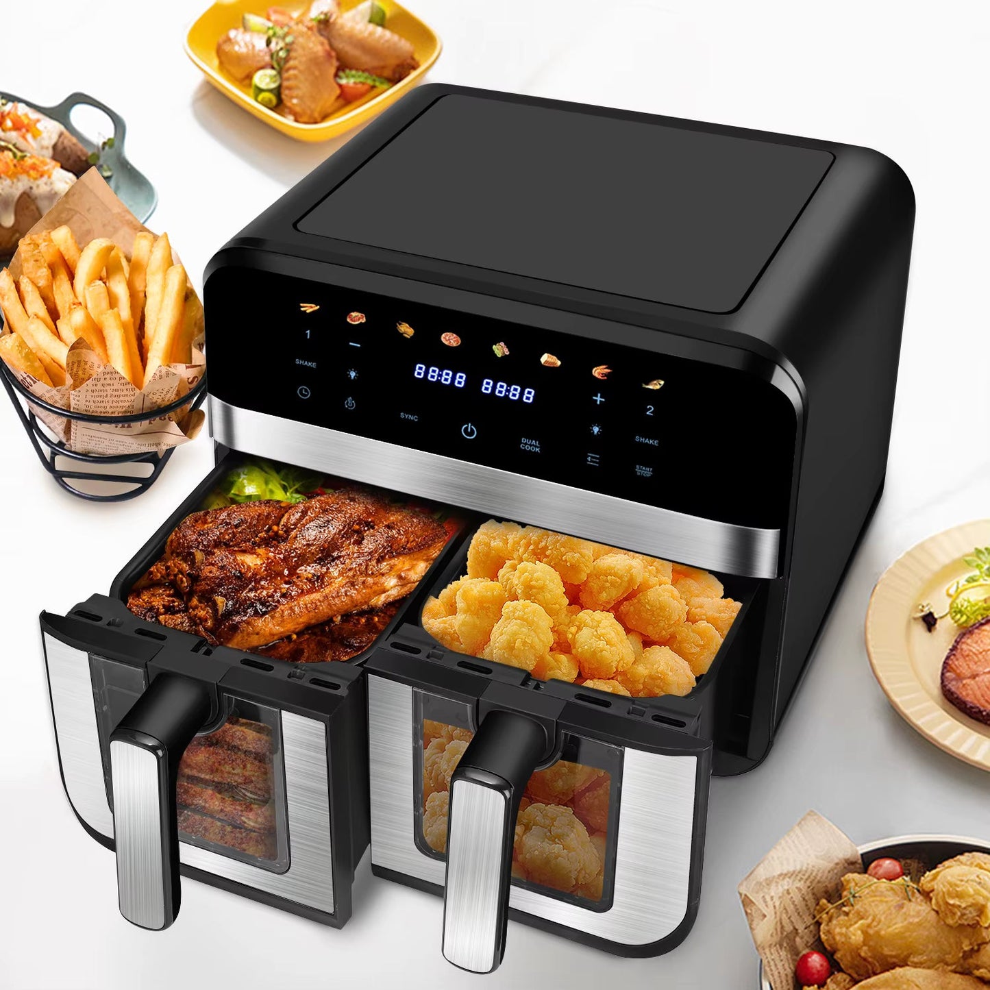Friteuse à Air Double Panier XL 9L avec Fenêtre – 8 Programmes, Cuisson Synchronisée, Sans Huile, 2600W