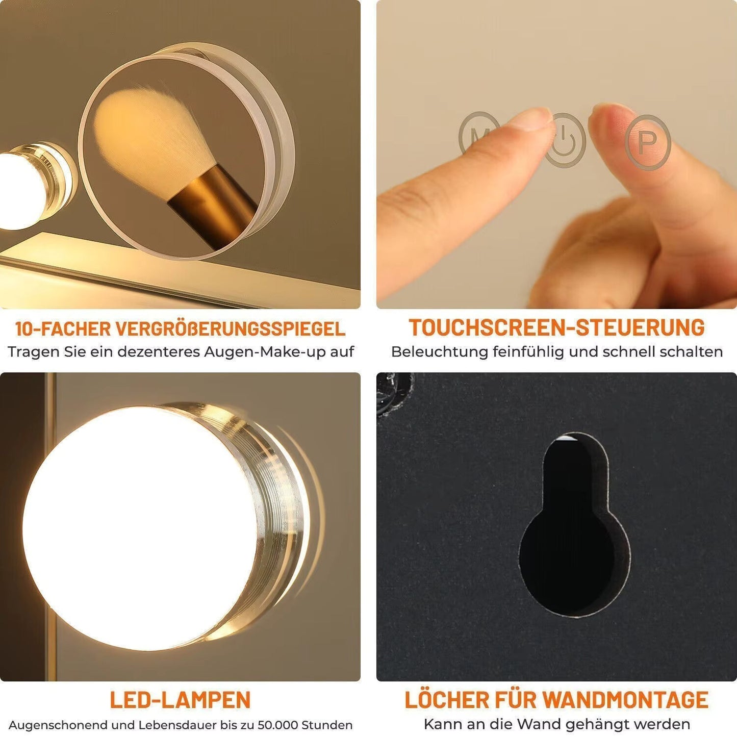 Miroir de Maquillage Hollywood avec Bluetooth, 15 Ampoules LED Gradables, 3 Modes de Couleur & Miroir Grossissant 10X - 50x45cm