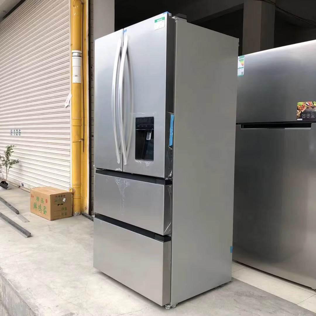 Réfrigérateur 4 portes 628 L portes françaises avec distributeur d’eau – Froid ventilé No Frost, congélateur tiroir, inox, grande capacité