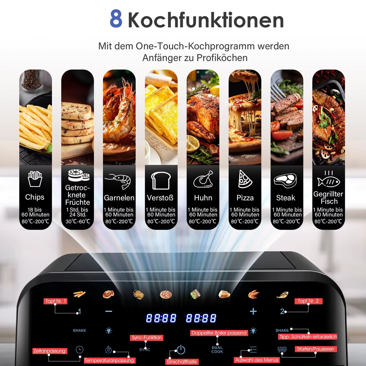 Friteuse à Air Double Panier XL 9L avec Fenêtre – 8 Programmes, Cuisson Synchronisée, Sans Huile, 2600W