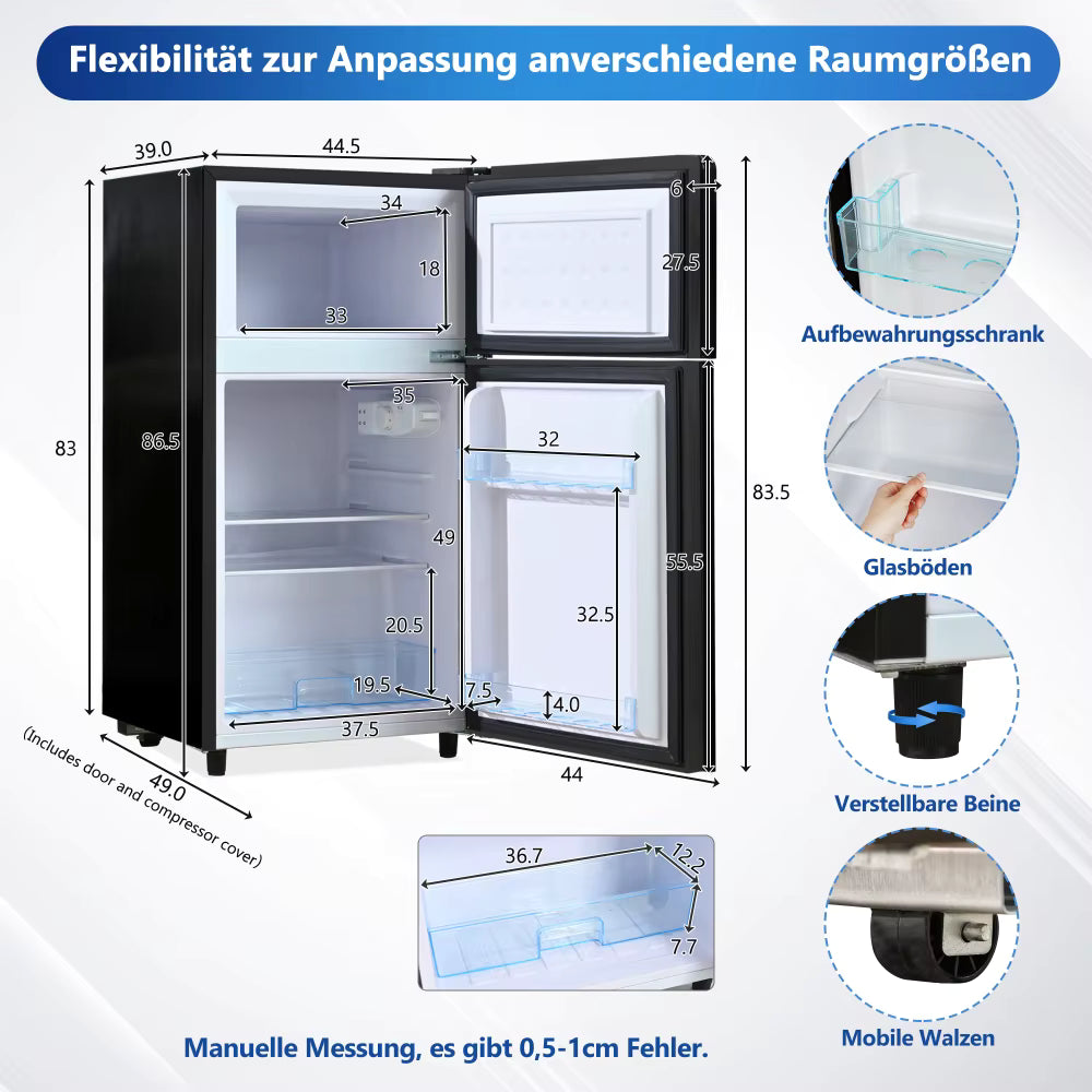Mini Réfrigérateur 72L avec Congélateur 21L 2★ – Porte Verre Noir, Silencieux 39 dB, LED, Classe C