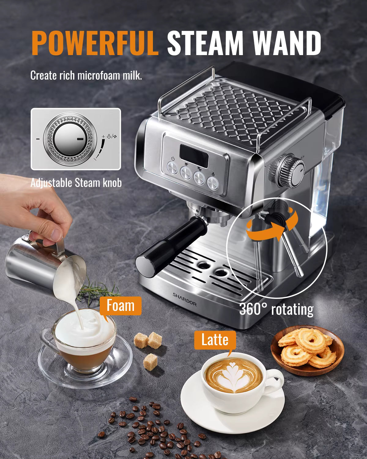 Machine à café expresso 20 bars automatique avec buse vapeur – Inox – Réservoir 1,8 L – Cappuccino & Latte – 1350 W