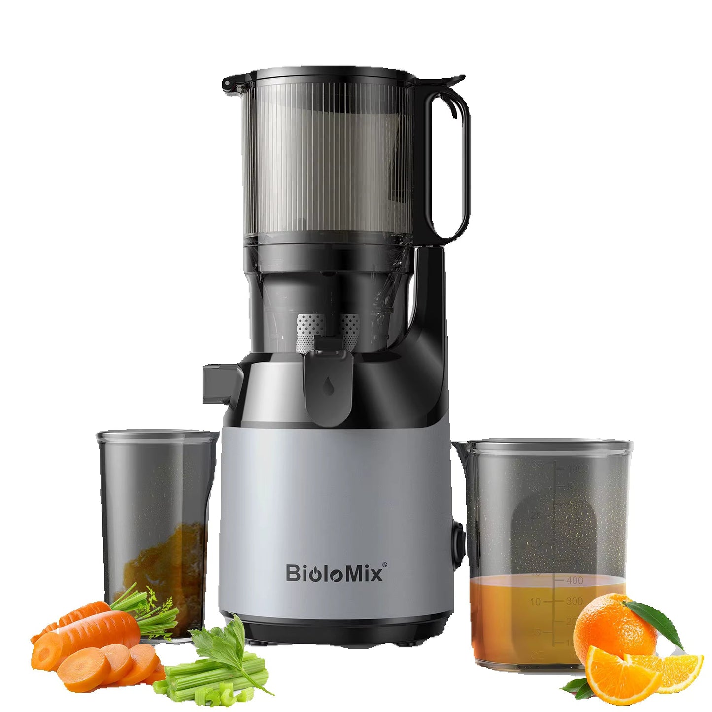 Extracteur de Jus à Froid 250W, Goulotte Large 130 mm, Mastication Lente 65 tr/min, Sans BPA, Grande Capacité 1,8 L