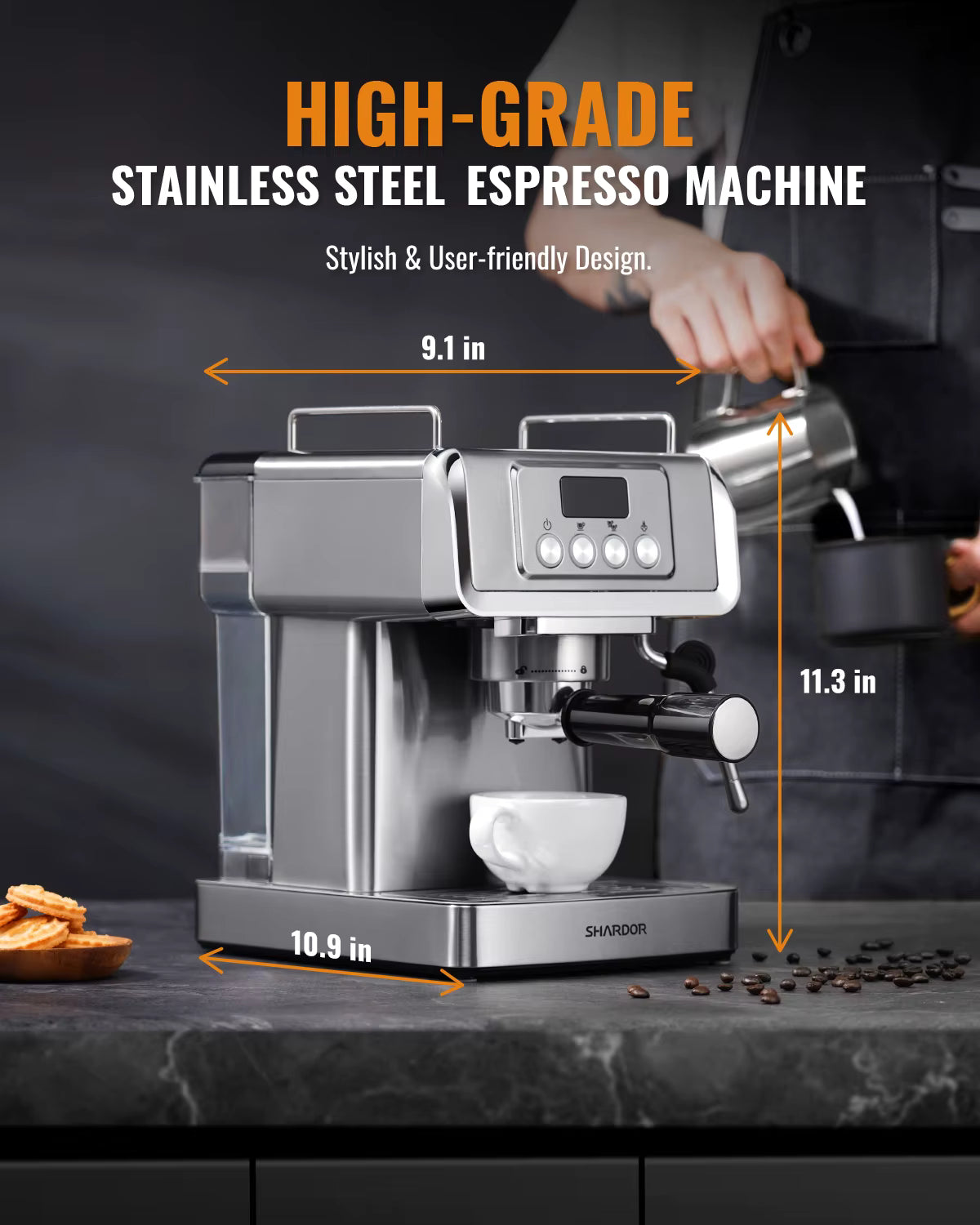Machine à café expresso 20 bars automatique avec buse vapeur – Inox – Réservoir 1,8 L – Cappuccino & Latte – 1350 W