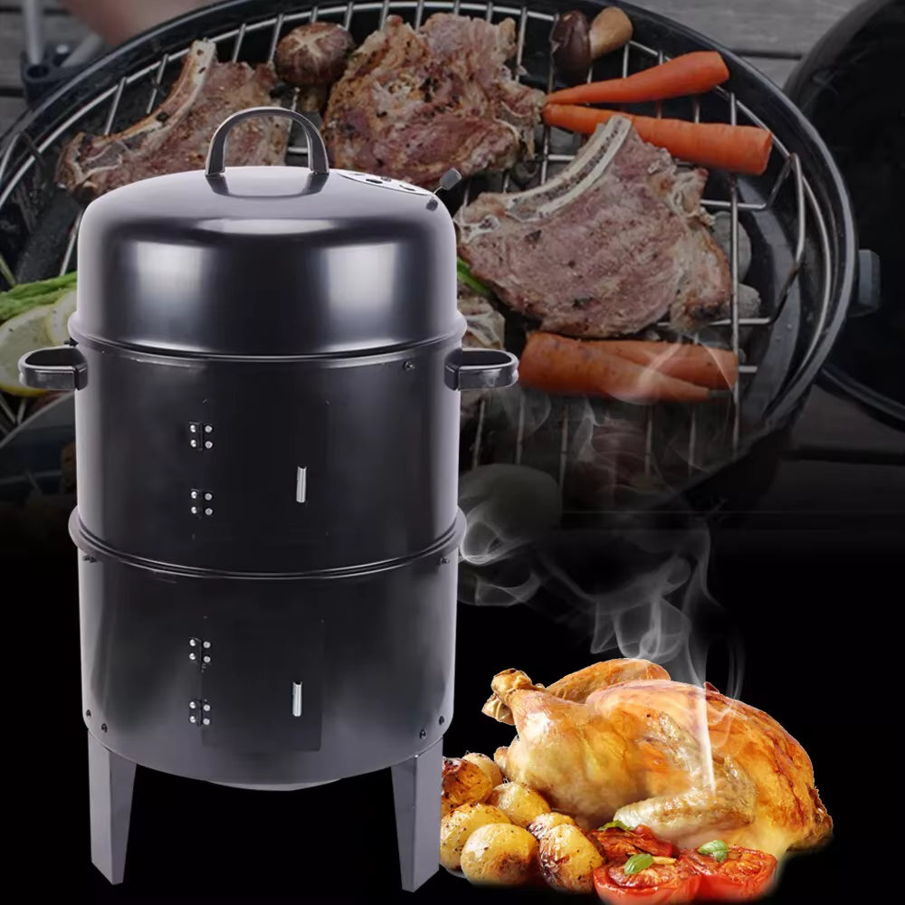 Grill fumoir multifonction 3 en 1 au charbon de bois – Barbecue, fumoir et four détachable en fer – Ø 40 cm, 2 niveaux avec thermomètre