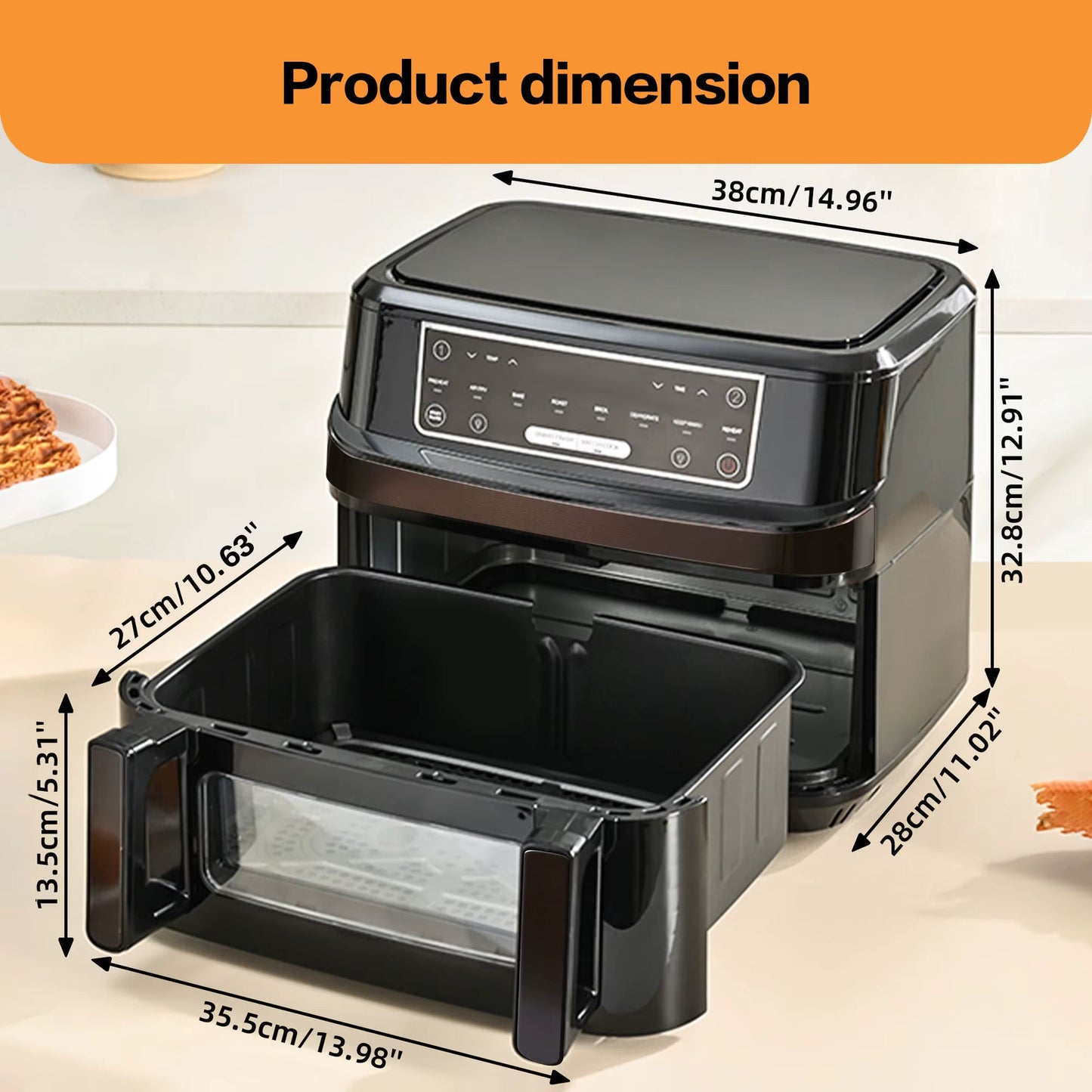 Friteuse à Air Chaud XXL 12L - 2000W - 1 ou 2 Zones (Séparateur Amovible) - 8 Programmes - Fenêtre de Visualisation et Écran Tactile