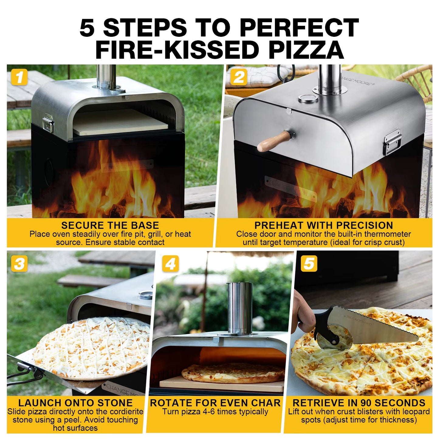 Four à pizza extérieur portable à bois et charbon – Pierre de cordiérite 900°F – Gril inox multifonction – Camping, jardin, barbecue