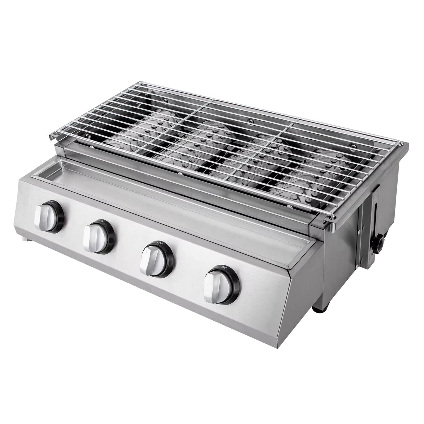 Gril de barbecue à gaz sans fumée en acier inoxydable – 4 brûleurs GPL, portable, hauteur réglable, extérieur