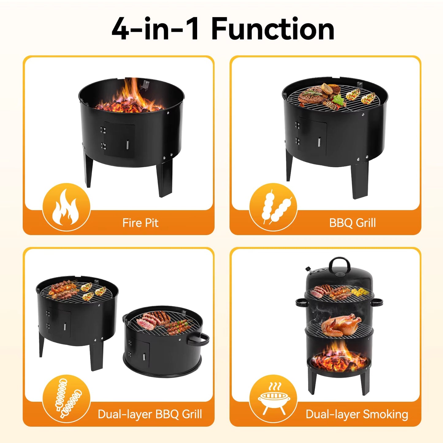Grill fumoir multifonction 3 en 1 au charbon de bois – Barbecue, fumoir et four détachable en fer – Ø 40 cm, 2 niveaux avec thermomètre