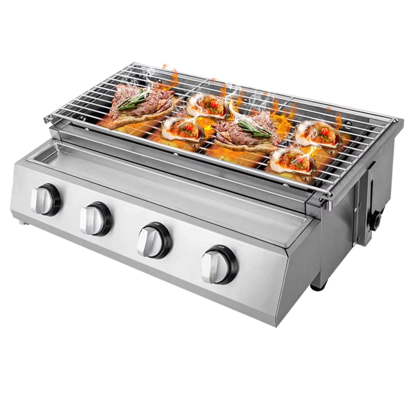 Gril de barbecue à gaz sans fumée en acier inoxydable – 4 brûleurs GPL, portable, hauteur réglable, extérieur