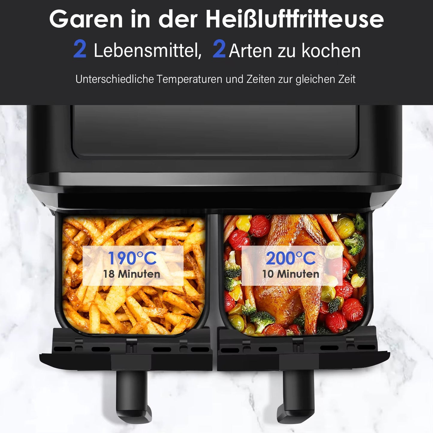 Friteuse à Air Double Panier XL 9L avec Fenêtre – 8 Programmes, Cuisson Synchronisée, Sans Huile, 2600W