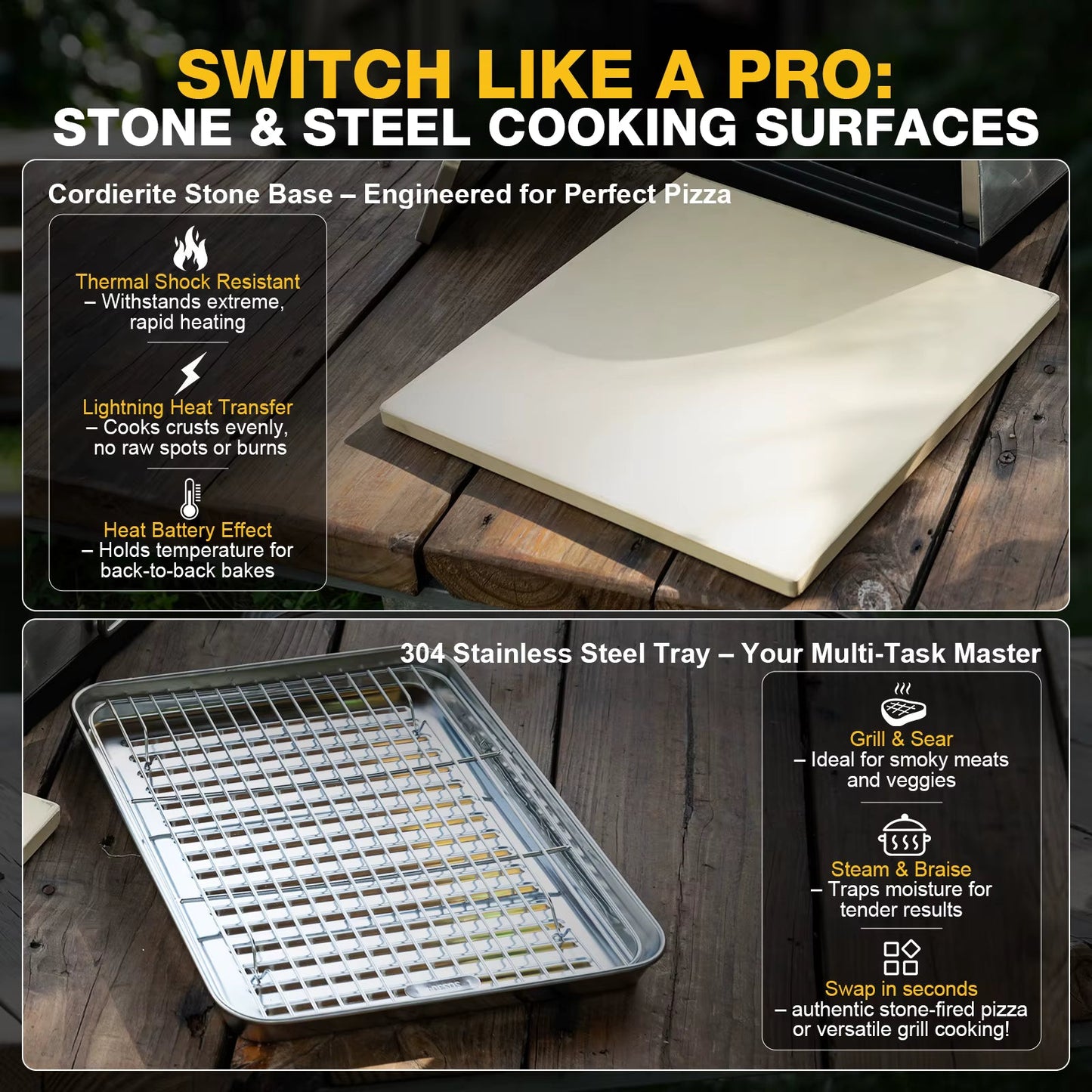 Four à pizza extérieur portable à bois et charbon – Pierre de cordiérite 900°F – Gril inox multifonction – Camping, jardin, barbecue