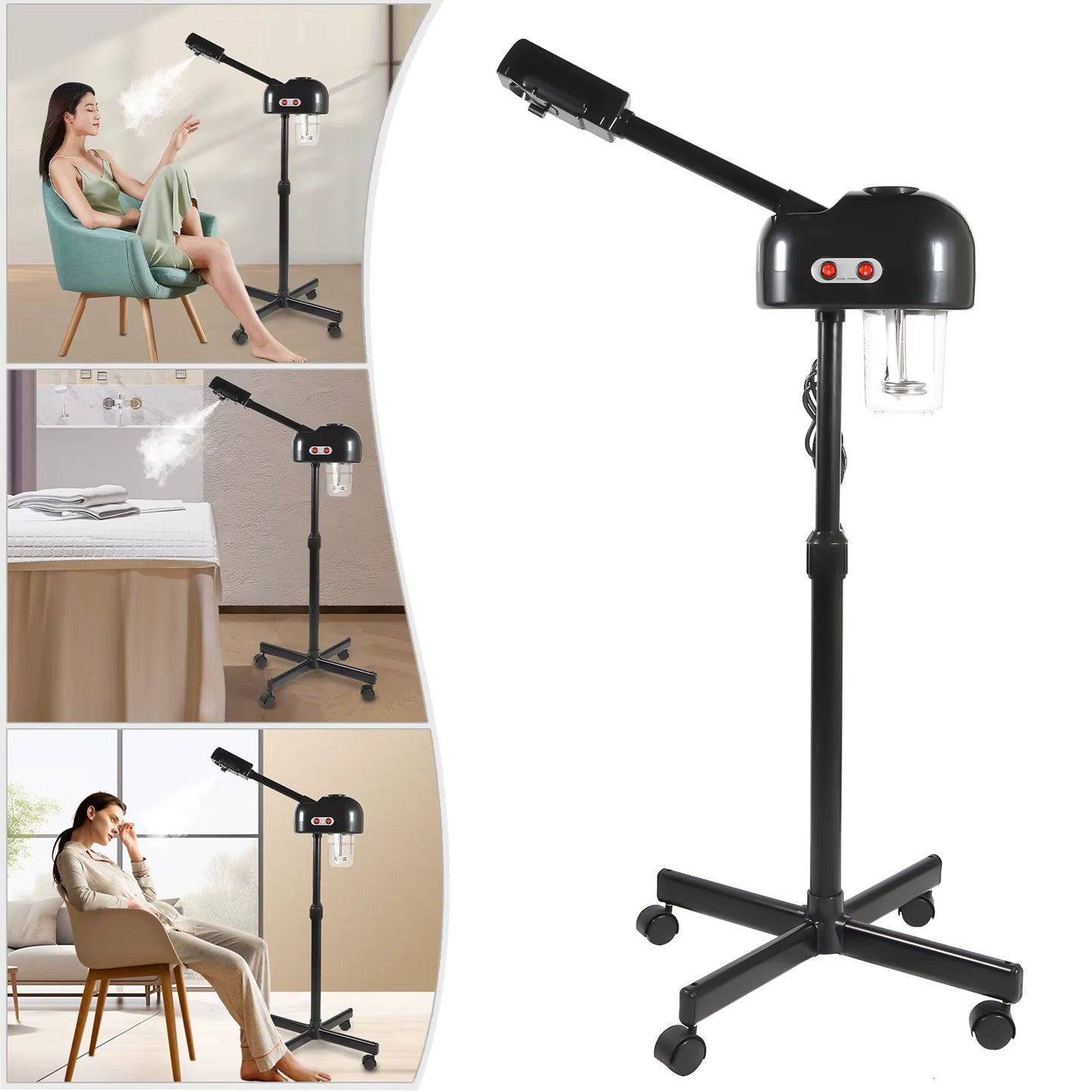 Vapozone Facial Professionnel 800W - Sauna Facial à Ozone, Hauteur Réglable, Réservoir 750ml, Rotation 360° et Roulettes - Noir