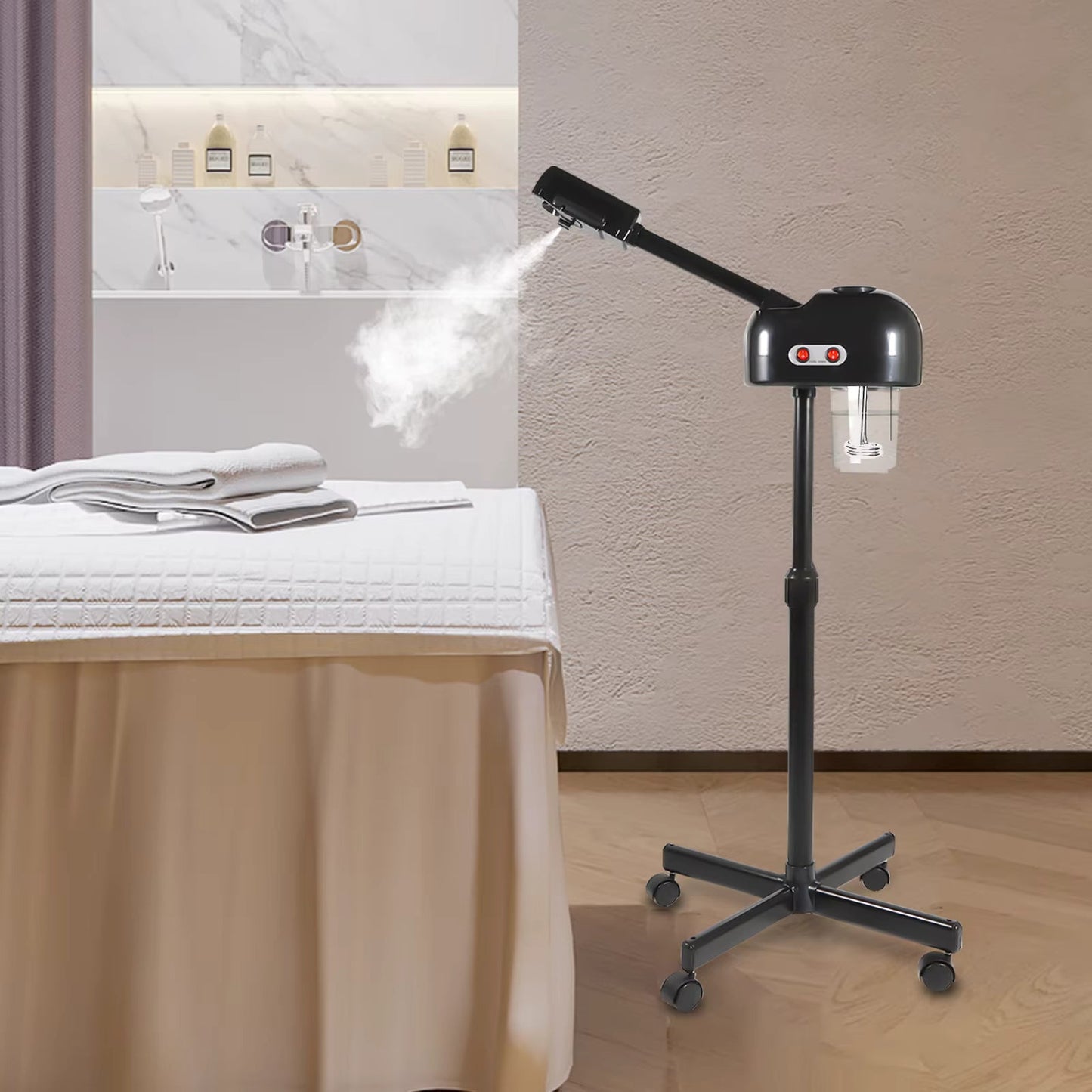 Vapozone Facial Professionnel 800W - Sauna Facial à Ozone, Hauteur Réglable, Réservoir 750ml, Rotation 360° et Roulettes - Noir