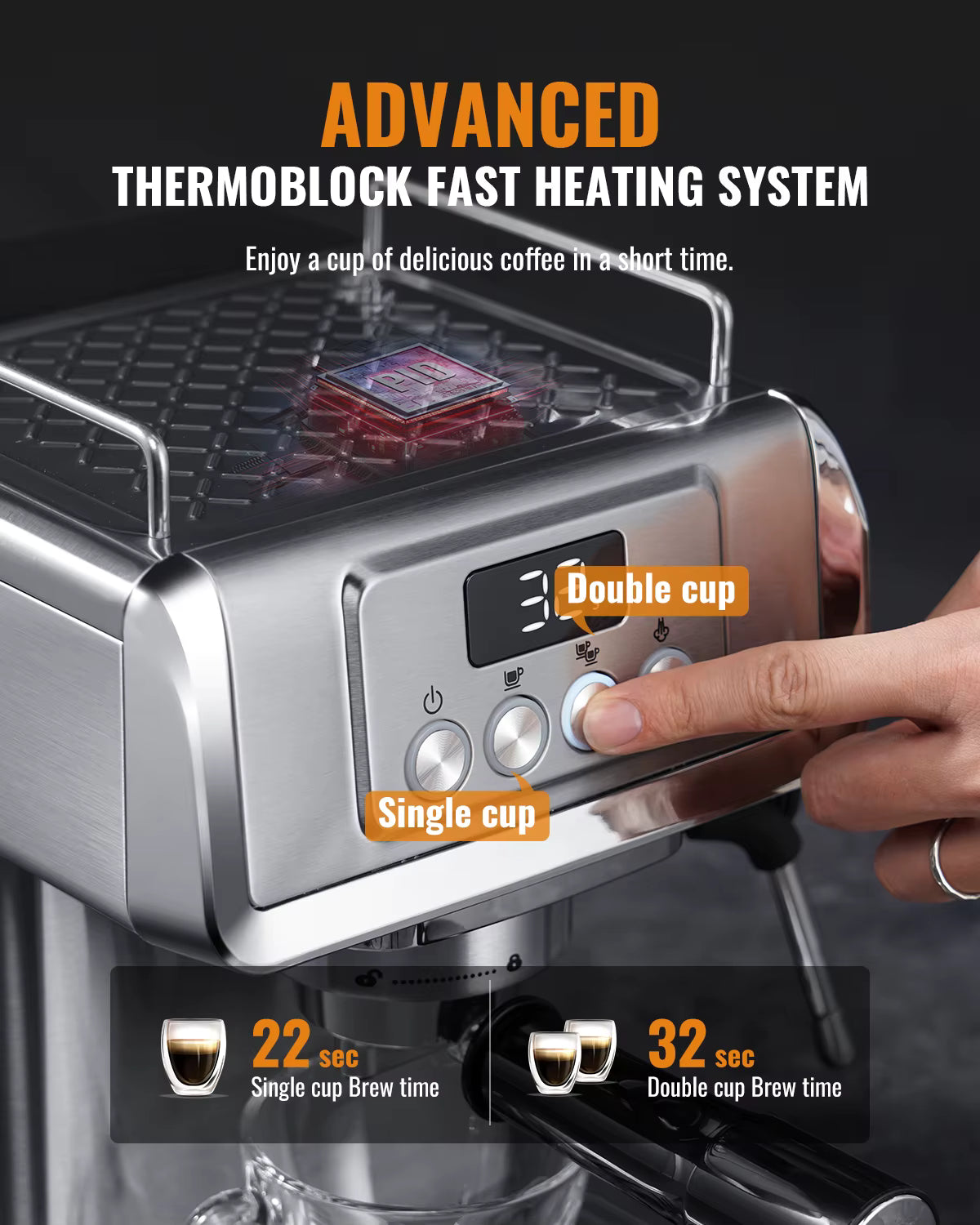 Machine à café expresso 20 bars automatique avec buse vapeur – Inox – Réservoir 1,8 L – Cappuccino & Latte – 1350 W