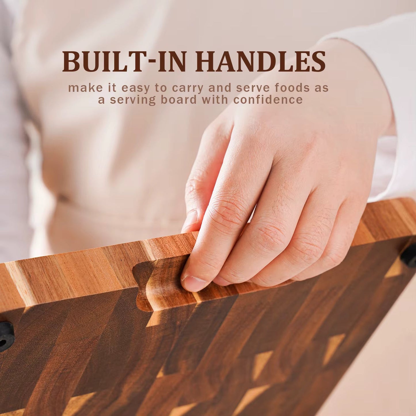 Planche à découper rectangulaire 38 cm en bois d’acacia – Planche de cuisine épaisse avec poignée latérale
