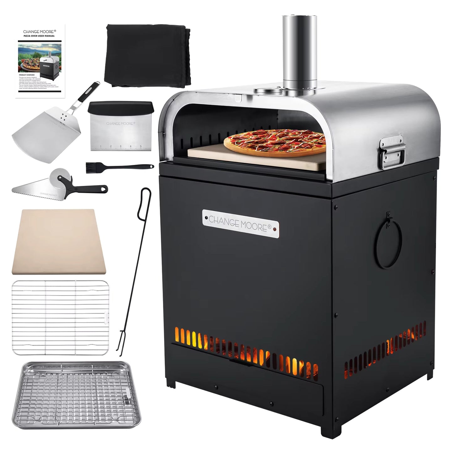 Four à pizza extérieur portable à bois et charbon – Pierre de cordiérite 900°F – Gril inox multifonction – Camping, jardin, barbecue
