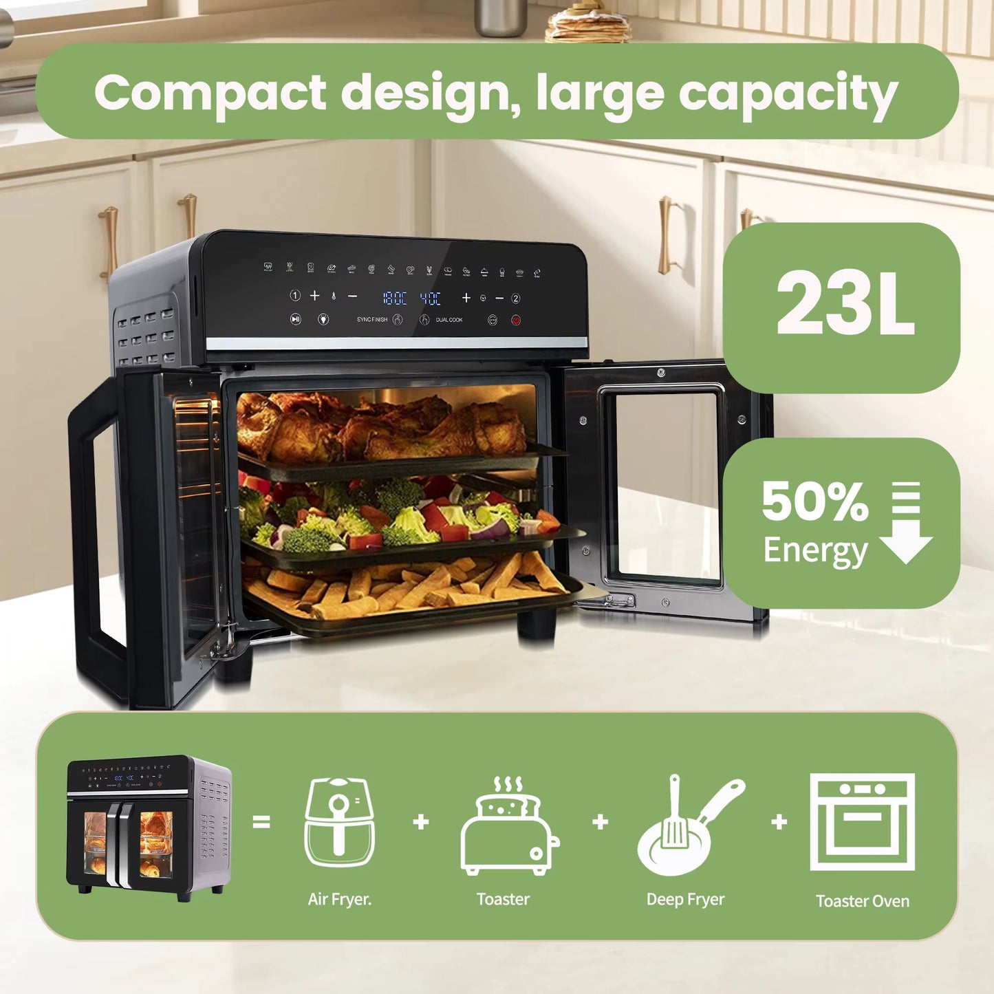 Friteuse sans huile Air Fryer Double Zone XXL 23L - Four à Air Chaud 2200W Inox, 15 Programmes, Écran Tactile & Livre de Recettes