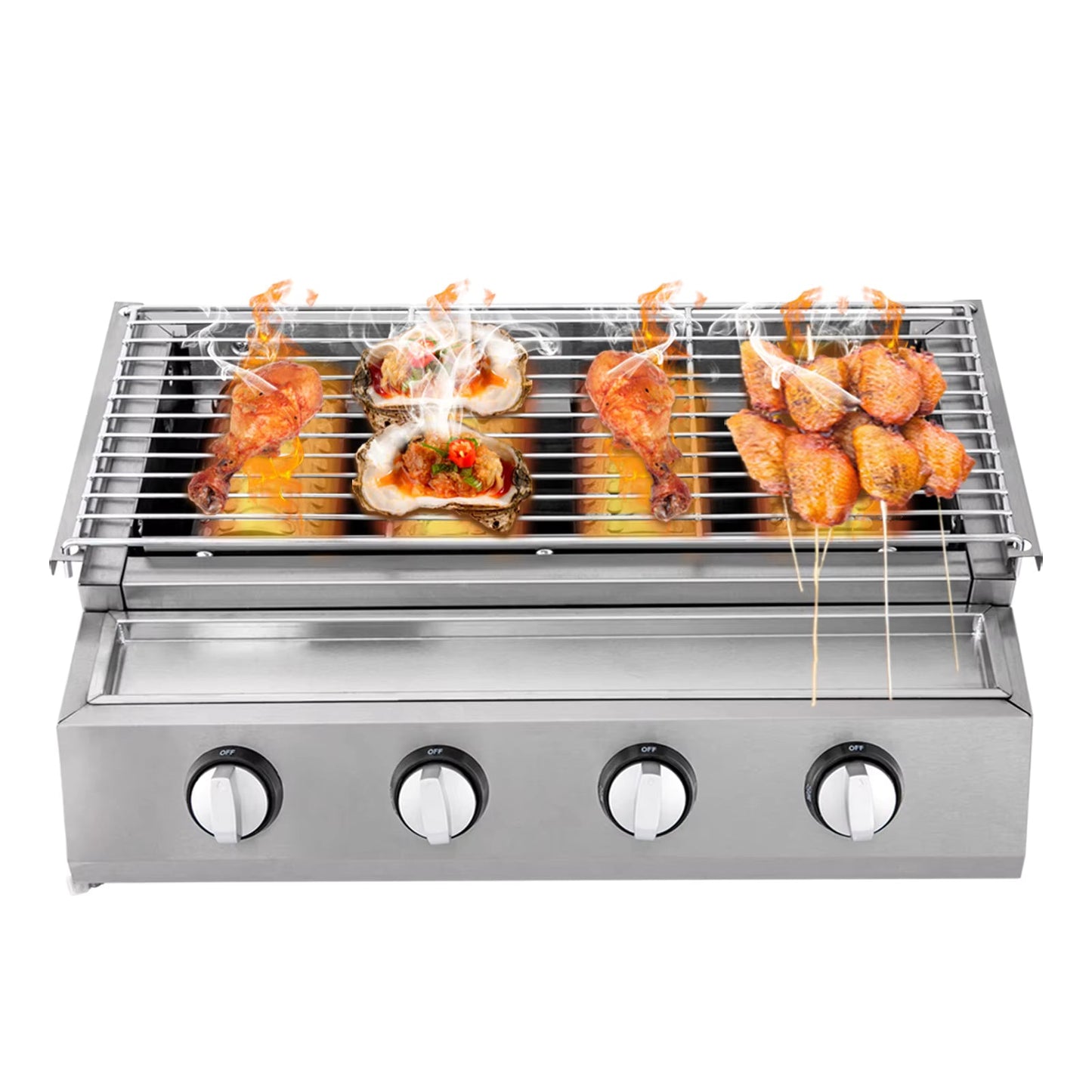Gril de barbecue à gaz sans fumée en acier inoxydable – 4 brûleurs GPL, portable, hauteur réglable, extérieur