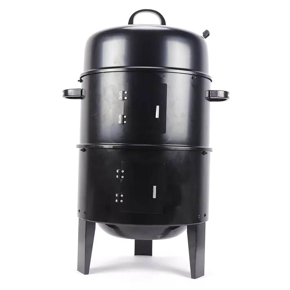 Grill fumoir multifonction 3 en 1 au charbon de bois – Barbecue, fumoir et four détachable en fer – Ø 40 cm, 2 niveaux avec thermomètre