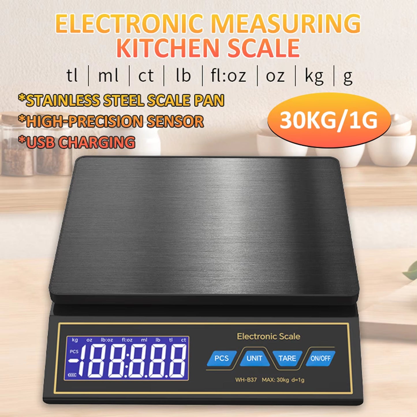 Balance de Cuisine Numérique 30kg/1g - Balance Alimentaire Électronique Rechargeable avec Écran LCD et Fonction Comptage - Haute Précision - Noir