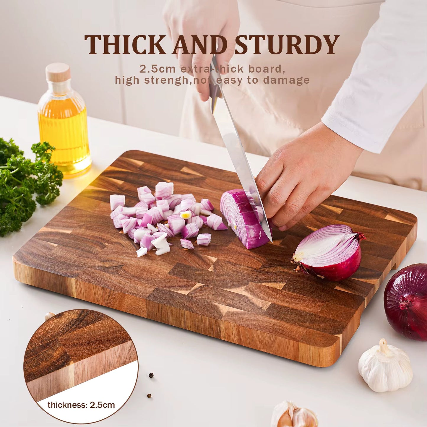 Planche à découper rectangulaire 38 cm en bois d’acacia – Planche de cuisine épaisse avec poignée latérale