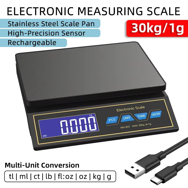 Balance de Cuisine Numérique 30kg/1g - Balance Alimentaire Électronique Rechargeable avec Écran LCD et Fonction Comptage - Haute Précision - Noir