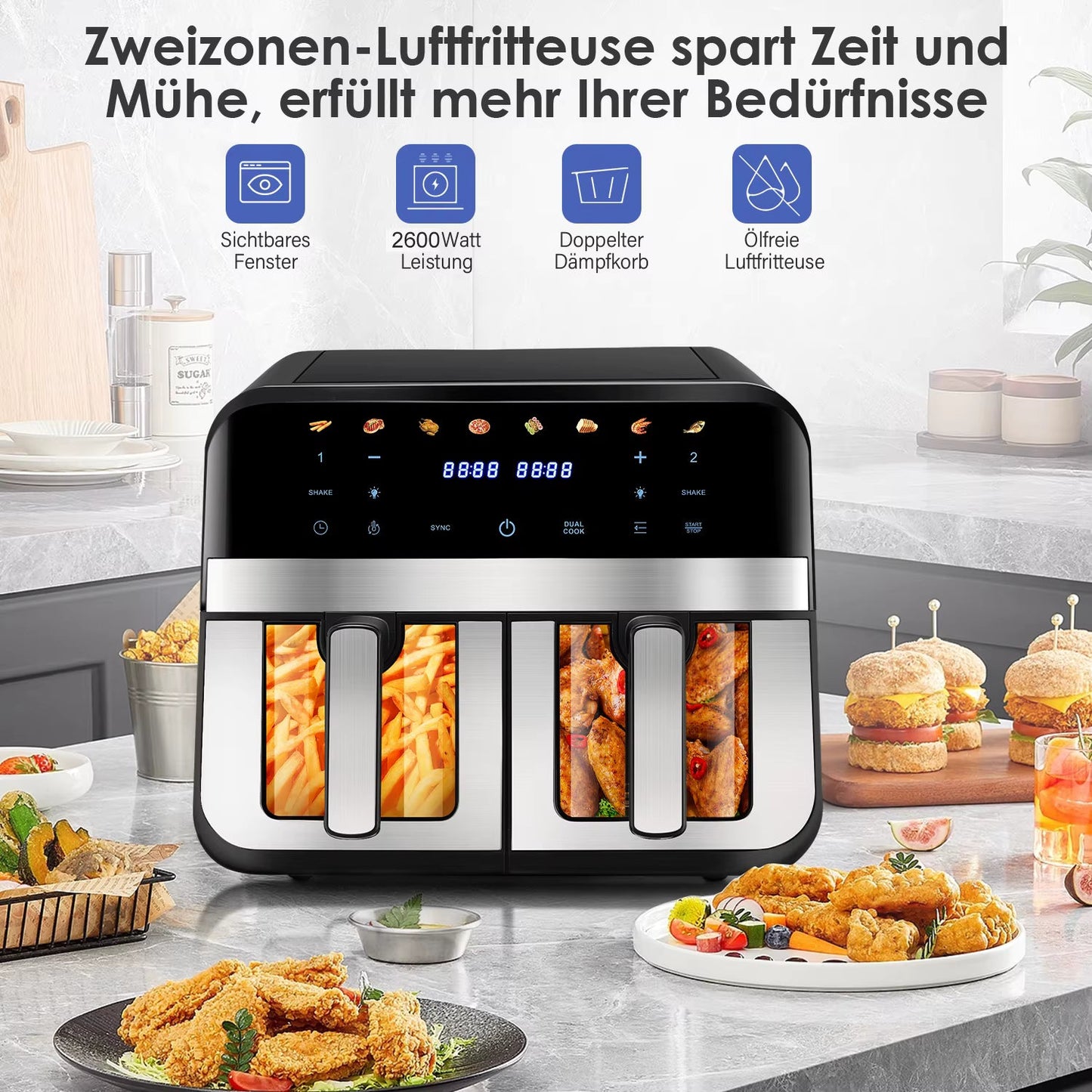 Friteuse à Air Double Panier XL 9L avec Fenêtre – 8 Programmes, Cuisson Synchronisée, Sans Huile, 2600W