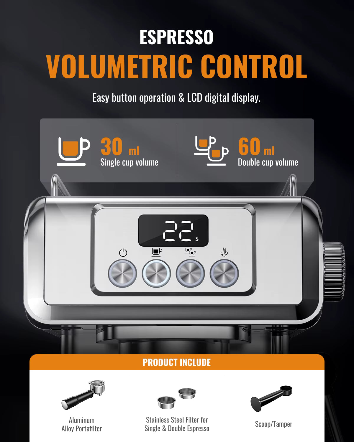 Machine à café expresso 20 bars automatique avec buse vapeur – Inox – Réservoir 1,8 L – Cappuccino & Latte – 1350 W