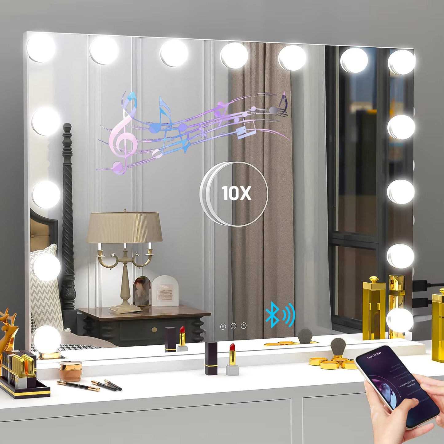 Miroir de Maquillage Hollywood avec Bluetooth, 15 Ampoules LED Gradables, 3 Modes de Couleur & Miroir Grossissant 10X - 50x45cm