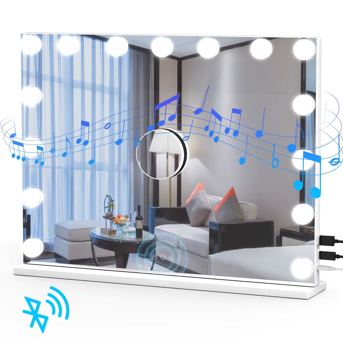 Miroir de Maquillage Hollywood avec Bluetooth, 15 Ampoules LED Gradables, 3 Modes de Couleur & Miroir Grossissant 10X - 50x45cm