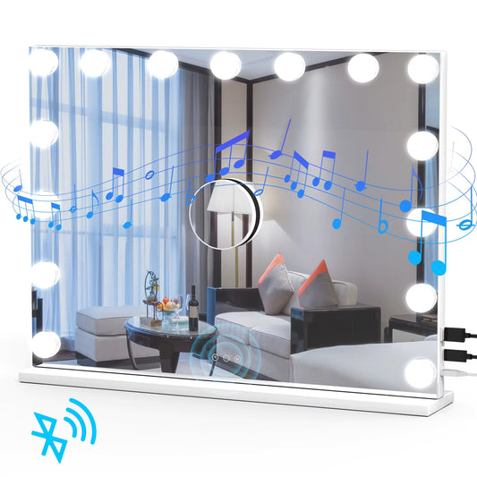 Miroir de Maquillage Hollywood avec Bluetooth, 15 Ampoules LED Gradables, 3 Modes de Couleur & Miroir Grossissant 10X - 50x45cm