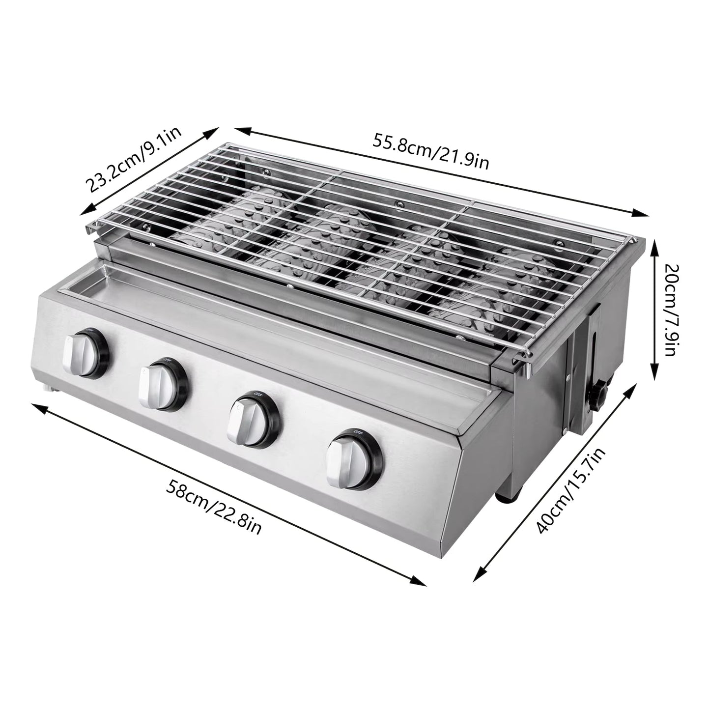 Gril de barbecue à gaz sans fumée en acier inoxydable – 4 brûleurs GPL, portable, hauteur réglable, extérieur