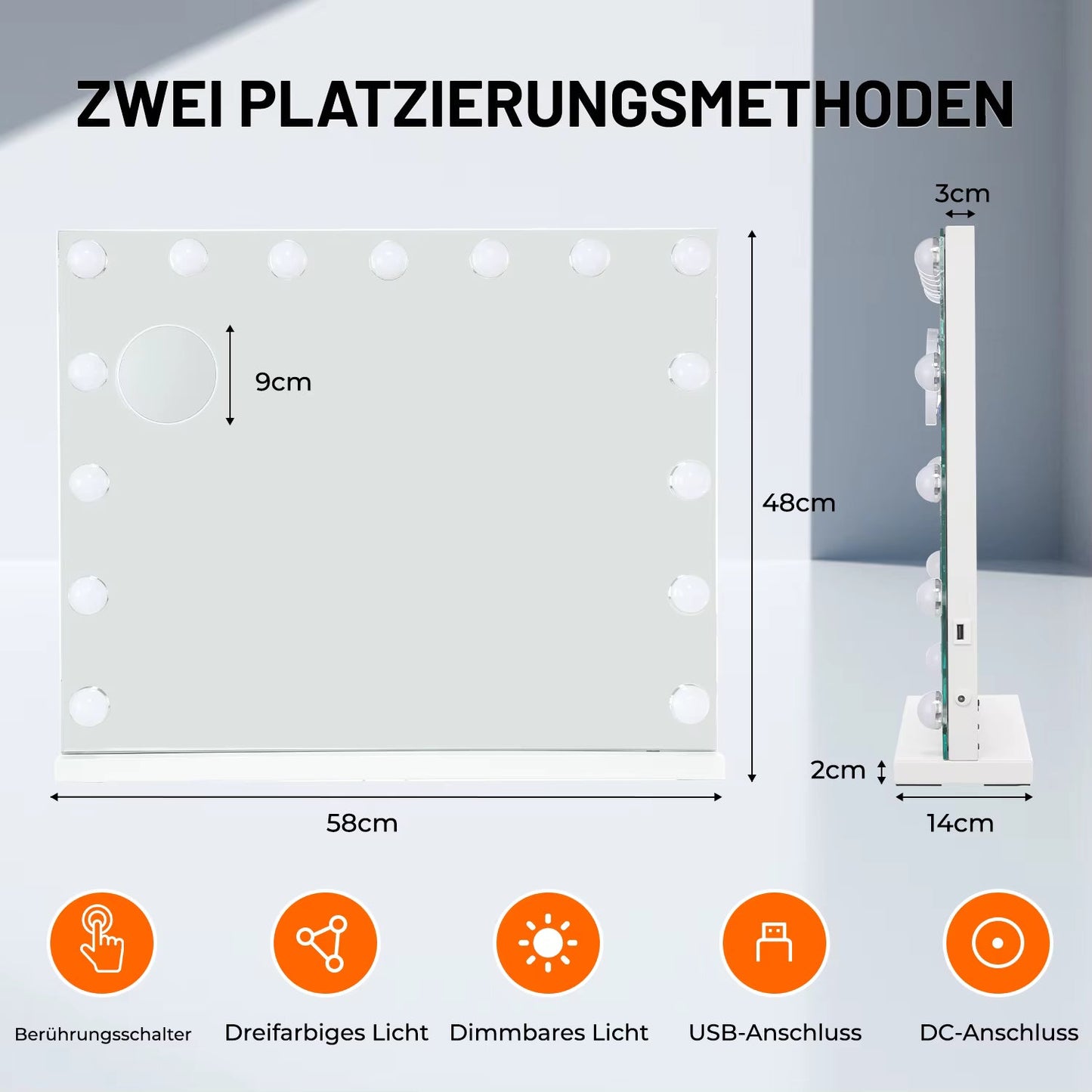 Miroir de Maquillage Hollywood avec Bluetooth, 15 Ampoules LED Gradables, 3 Modes de Couleur & Miroir Grossissant 10X - 50x45cm