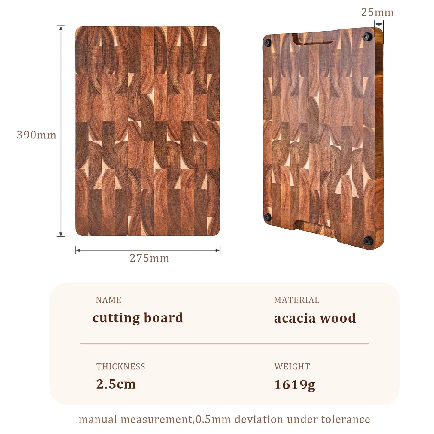 Planche à découper rectangulaire 38 cm en bois d’acacia – Planche de cuisine épaisse avec poignée latérale