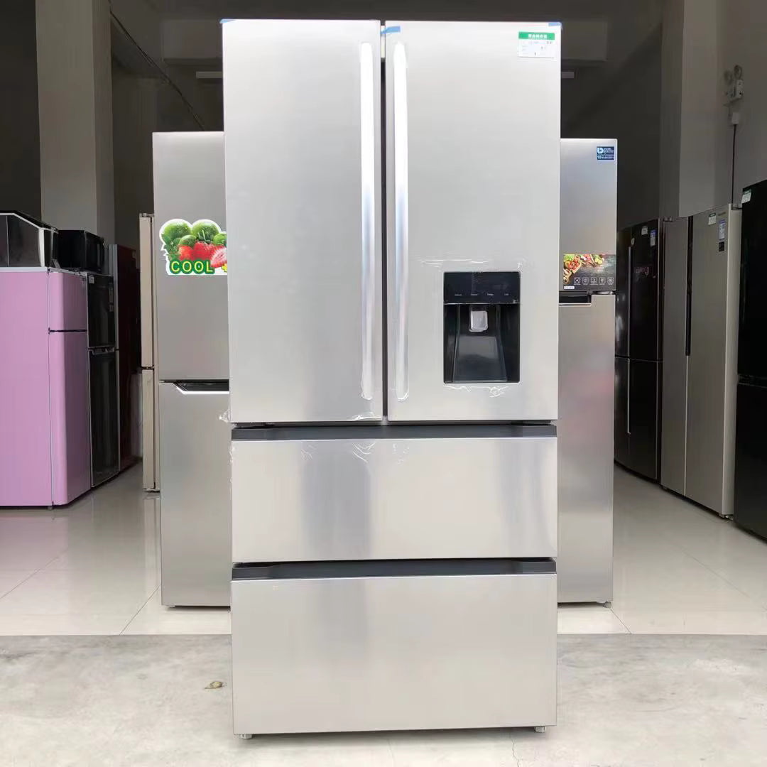 Réfrigérateur 4 portes 628 L portes françaises avec distributeur d’eau – Froid ventilé No Frost, congélateur tiroir, inox, grande capacité