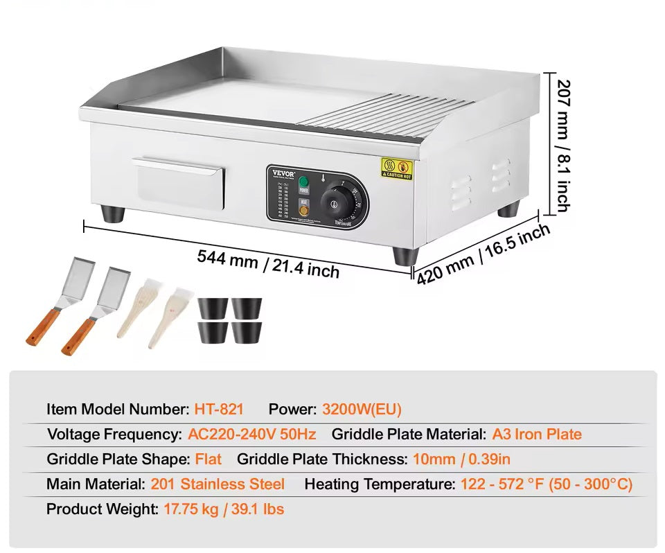 Plaque Chauffante Électrique Professionnelle 3200W – Gril Teppanyaki Inox Fonte – Usage Intensif Restaurant